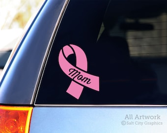 Mom Pink Ribbon Decal, Breast Cancer Ribbon Sticker - Awareness Ribbon, Cancer Support, Mom Ribbon - Vinyl, Car Decal, Laptop Sticker