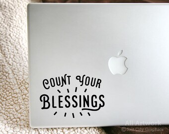 Calcomanía "Cuenta tus bendiciones", calcomanía de agradecimiento: "Muy bendecido, corazón agradecido, Dios es bueno, contento". Calcomanía para laptop, auto, parachoques.