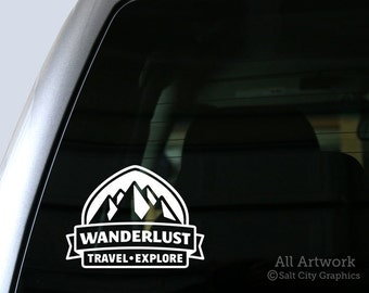 Wanderlust Badge Decal, Travel Explore Sticker - Mountain Range, Get Outside, Outdoor Recreation - Vinyl, Car Window Decal, Bumper Sticker