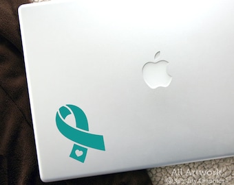 Calcomanía de lazo verde azulado con forma de corazón, pegatina de lazo contra el cáncer de ovario - Cinta verde azulado, Cinta de concientización, Apoyo contra el cáncer - Vinilo, Calcomanía para laptop, Pegatina para ventana