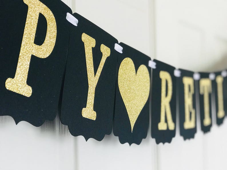 Happy Retirement Banner Retirement party decoration Black and gold banner Glitter Retirement Banner Black and Silver Retirement Banner image 2