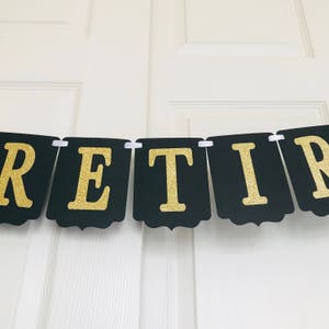 Happy Retirement Banner Retirement party decoration Black and gold banner Glitter Retirement Banner Black and Silver Retirement Banner image 4