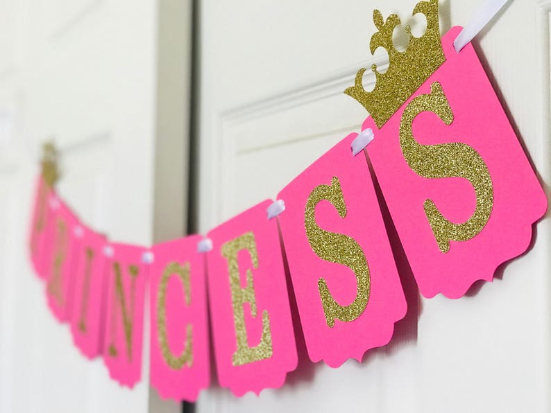 Rose et Or Princess Banner Baby Shower Decoration Baby Name Banner Rose and Gold with Crown Banner image 2