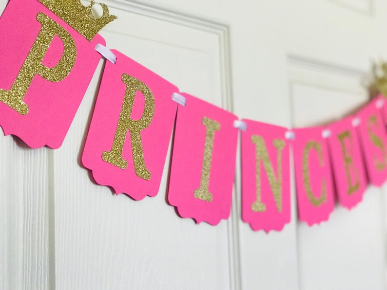 Rose et Or Princess Banner Baby Shower Decoration Baby Name Banner Rose and Gold with Crown Banner image 3