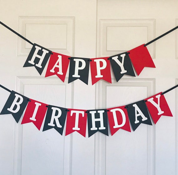 Black Red and White Banner Happy Birthday Banner Birthday Etsy