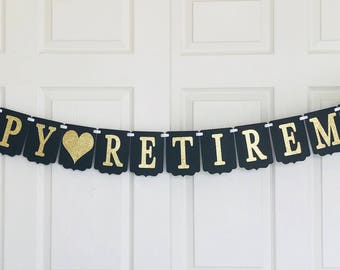 Happy Retirement Banner- Retirement party decoration- Black and gold banner- Glitter Retirement Banner- Black and Silver Retirement Banner