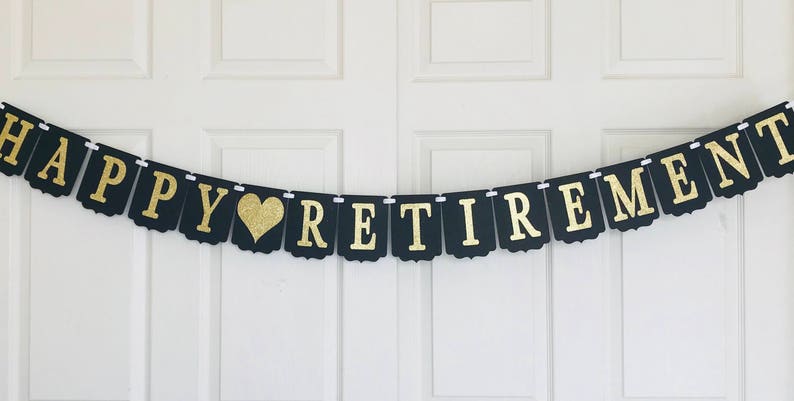 Happy Retirement Banner Retirement party decoration Black and gold banner Glitter Retirement Banner Black and Silver Retirement Banner image 1