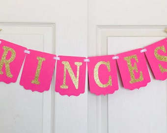 Pink and Gold Princess Banner- Baby Shower Decoration- Baby Name Banner- Pink and Gold with Crown Banner