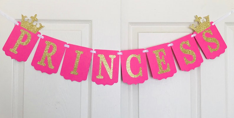 Rose et Or Princess Banner Baby Shower Decoration Baby Name Banner Rose and Gold with Crown Banner image 1