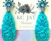 New KC JAT Designs Turquoise Crystal Flower Earrings