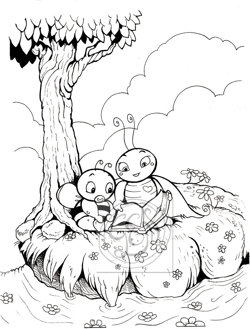 Coloriage La Cigale Et La Fourmi Dessin Coloriage à imprimer Globule se fait faire la lecture - Etsy France