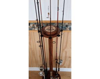 Personalized 8-Pole Oak Rotating Fishing Pole Display Rack