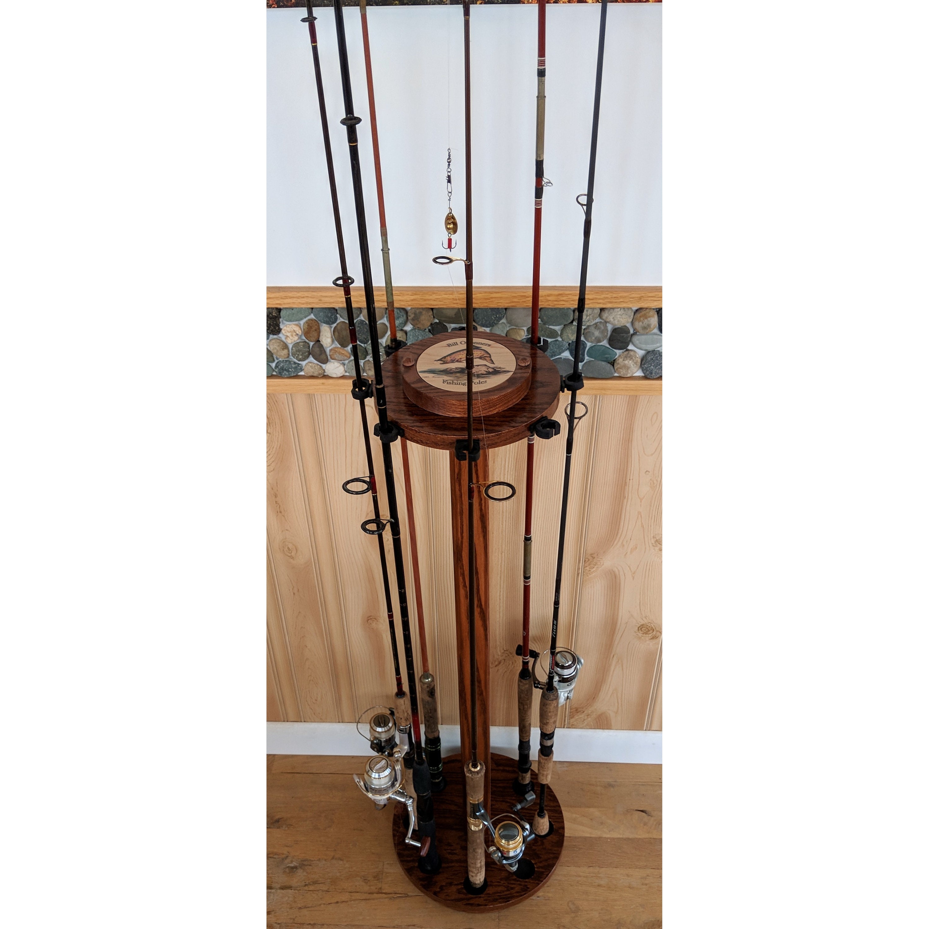 Personalized 8-pole Oak Rotating Fishing Pole Display Rack 