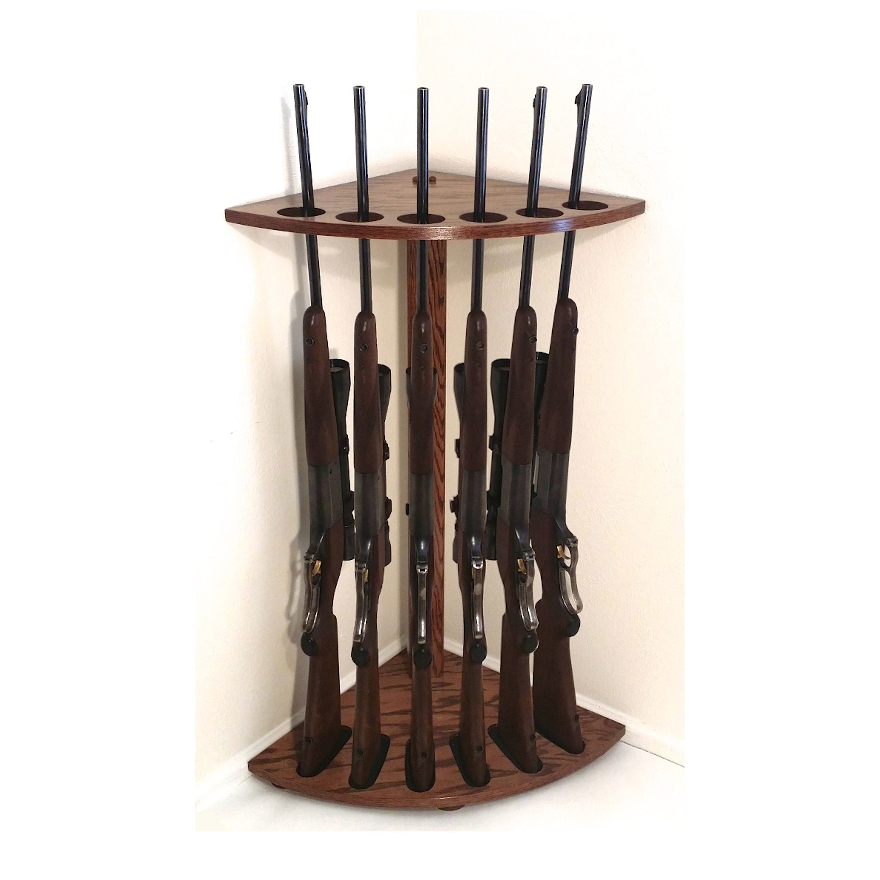 thumbnail image 2 of Handmade Oak Wall Gun Rack – 4-Place Rifle/Shotgun Display, Medium Walnut Finish, USA Made, Hardware Included 2 of 5