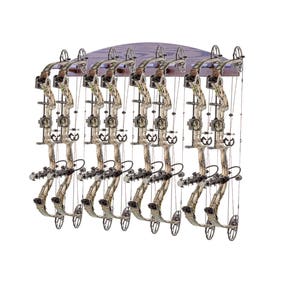 May include: A wooden bow rack with eight camouflage-patterned compound bows hanging from it. The rack is mounted on a wall.