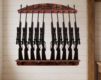 Solid Oak 10-Gun Wall Mount Rack – Rifle Shotgun Display Decor
