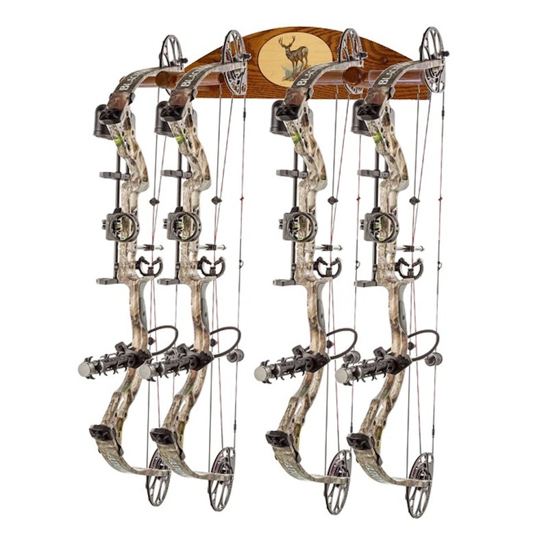 Personalized Compound Bow Recurve Solid Oak 4 Place Wall Display Rack