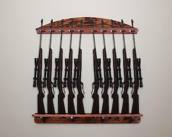 Handmade Oak 10-Gun Rack, Wall Mount Rifle Display, Hunting Decor Gift