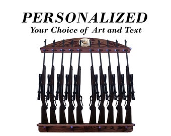 Personalized Solid Oak Wall Mount for 10 Guns, Rifles, Shotguns - Customized Handmade Rack