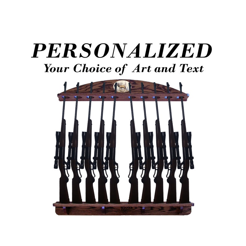 Personalized Solid Oak Wall Mount for 10 Guns, Rifles, Shotguns Customized Handmade Rack image 1