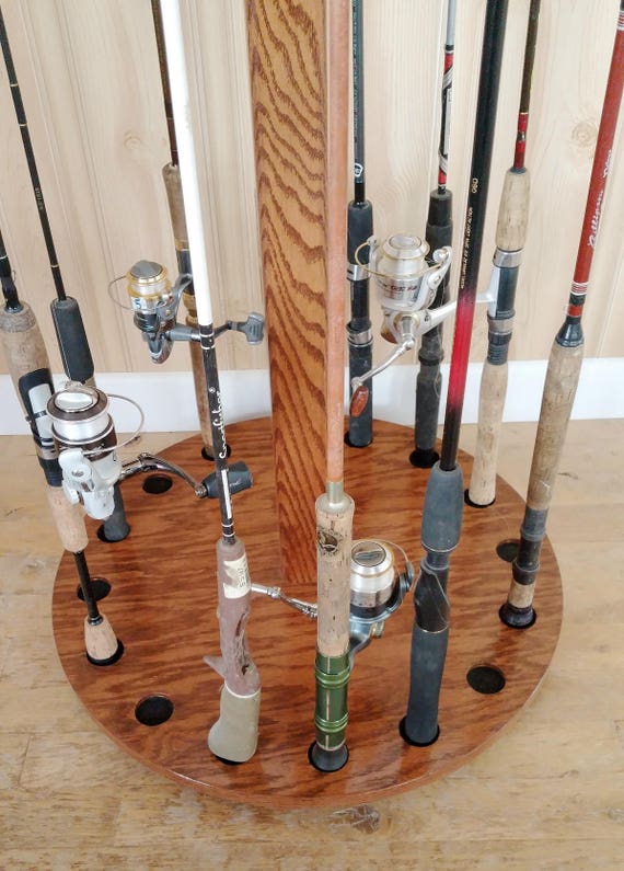 Rotating Fishing Rod Reel Display Rack 16-pole Oak Wood 