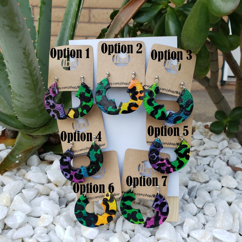 Lisa Frank inspired polymer clay earrings funky drop earrings rainbow cheetah print 90s aesthetic nostalgic jewelry