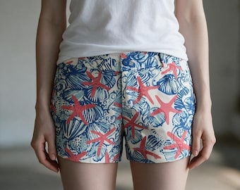 Pantalones cortos Lilly Pulitzer Callahan azul marino coral blanco con estrellas de mar talla 4 (en excelente estado)