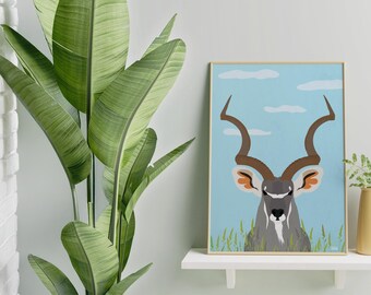 Kudu by day – Minimalist animal portrait | Digital art print for download | A2, 50 x 70 cm vector illustration