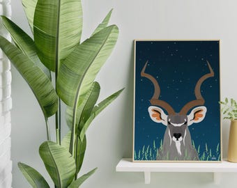 Kudu at night – Minimalist animal portrait | Digital art print for download | A2, 50 x 70 cm vector illustration