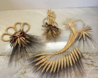 Vintage Set Aus Drei Stück Handgewebte Weizen Weben Kunst Corn Dolly Set