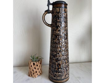 Vintage Tall German Stoneware Beer Stein Lord's Prayer Relief Text Pewter Lid