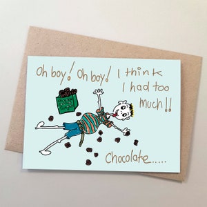 Whimsical illustration Card, Oh Boy Chocolate, Fathers Day, Birthday, Boys Funny Card, Funny illustration, Handmade Card, Australian Made
