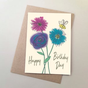 Whimsical, Gerberas and Bee, Happy Birthday Card, Gerbera Flowers, Honey Bee, Bright Coloured Illustration,
