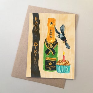 Whimsical, Birthday Card, Moet Chandon Champagne and Magpie, Birthday, Friendship, Australian Made, Eco Friendly, Hand Painted illustration.