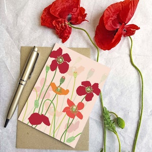 Poppies, Birthday Card, Red, Pink, and Orange Flowers, Red Poppies for Anzac Day, Poppy Flowers, Remembrance Day, Anniversary, Hand Made