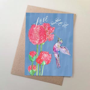 Liebe dich Karte, Kolibri mit rosa Blumen, Geburtstag, Valentinstag, Vogelliebhaber, Muttertagswünsche, Freundschaft, Beste Freunde