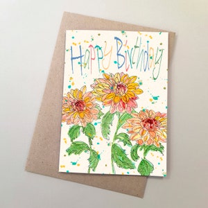 Birthday Gift Card, Dahlia Flowers Card, Yellow Peach Dahlias, Hand Drawn Illustration, Australian Made, Birthday Celebration