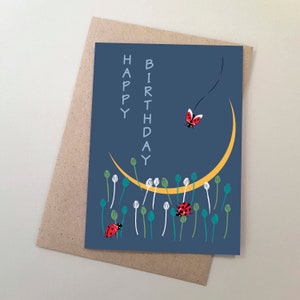 Cartão de aniversário, Azul, Cartão caprichoso, Cartões de joaninhas, Cartão de papoulas, Cartão de joaninhas, Arte ilustrada