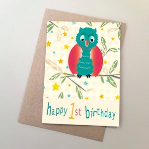 Carte de voeux de bébé, premier anniversaire, joyeux anniversaire hibou rétro, hibou coloré, premier anniversaire de nourrissons, anniversaire de bébé,