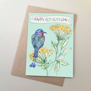 Ilustração caprichosa de pássaro e flor, cartão de feliz dia das mães, cartão feito à mão, desenho de pássaro e flores, comemorando o dia das mães,