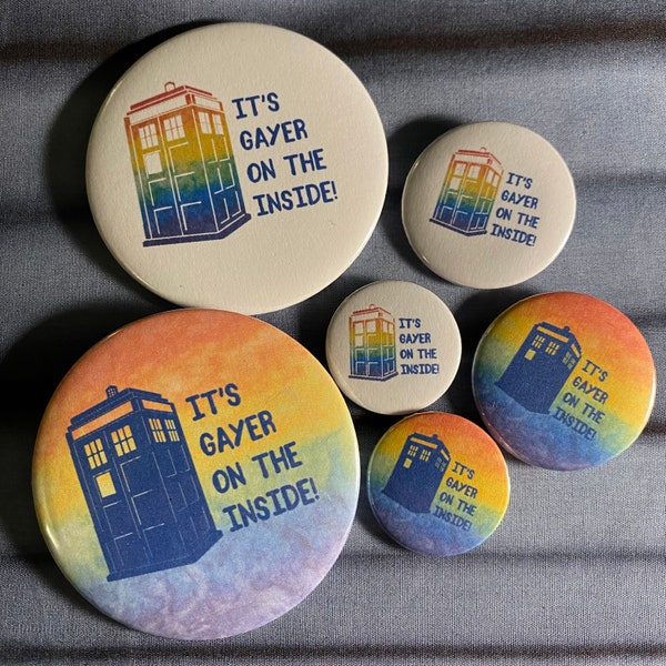 Dr. Who Tardis It’s Gayer on the Inside Pride Button Pin