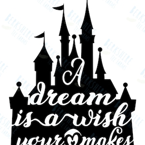 May include: Black silhouette of a castle with the text "A dream is a wish your heart makes" in white.