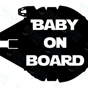Op de afbeelding: Zwart-witte silhouet van een ruimteschip met de tekst "BABY ON BOARD" in witte letters.