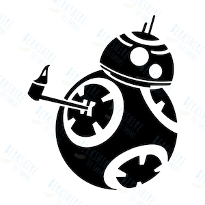 May include: Black and white silhouette of a Star Wars BB-8 droid with a welding torch in its hand.