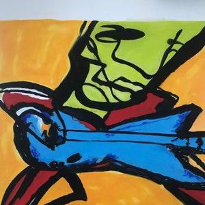 Herman Brood guitar player, Dutch Art , hand painted replica, acrylic painting on canvas, custom street art, primary colors for him image 2