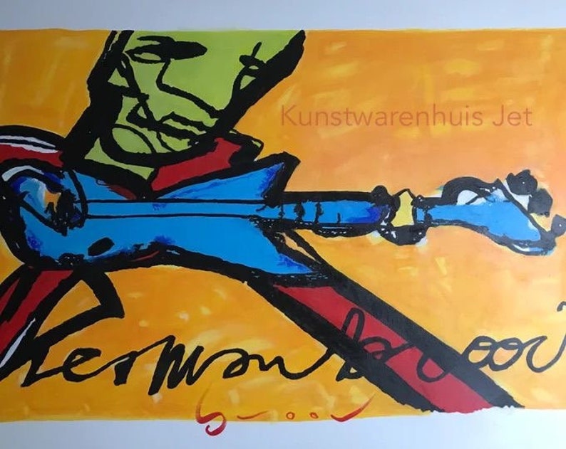 Herman Brood guitar player, Dutch Art , hand painted replica, acrylic painting on canvas, custom street art, primary colors for him image 8