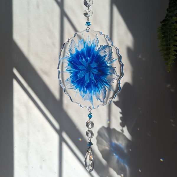 blue apatite floral resin suncatcher with crystals, birthday gifts for her, cottagecore gifts, witchy gift, boho gifts for her, crystal gift