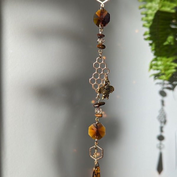 gold bumblebee tiger eye amber suncatcher, window prism, birthday gift for her, rainbow maker, crystal sun catcher, beekeeper gift,