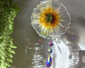 sunflower floral resin suncatcher, birthday gifts for her, cottagecore gifts, witchy gifts, boho gifts for her, crystal gifts for her