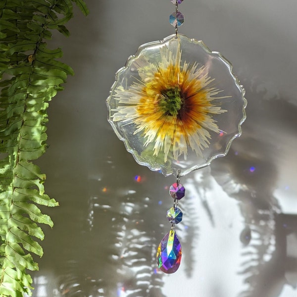 sunflower floral resin suncatcher, birthday gifts for her, cottagecore gifts, witchy gifts, boho gifts for her, crystal gifts for her